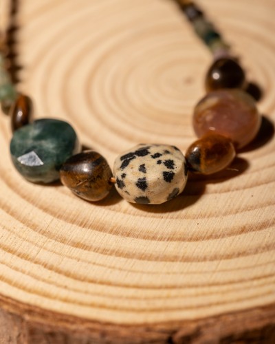 Bransoletka z jaspisu dalmatyńskiego, tygrysiego oka i turkusu afrykańskiego to wyjątkowa biżuteria handmade w stylu boho, która zachwyca naturalnymi kamieniami, harmonią kolorów i inspiracją podróżami.